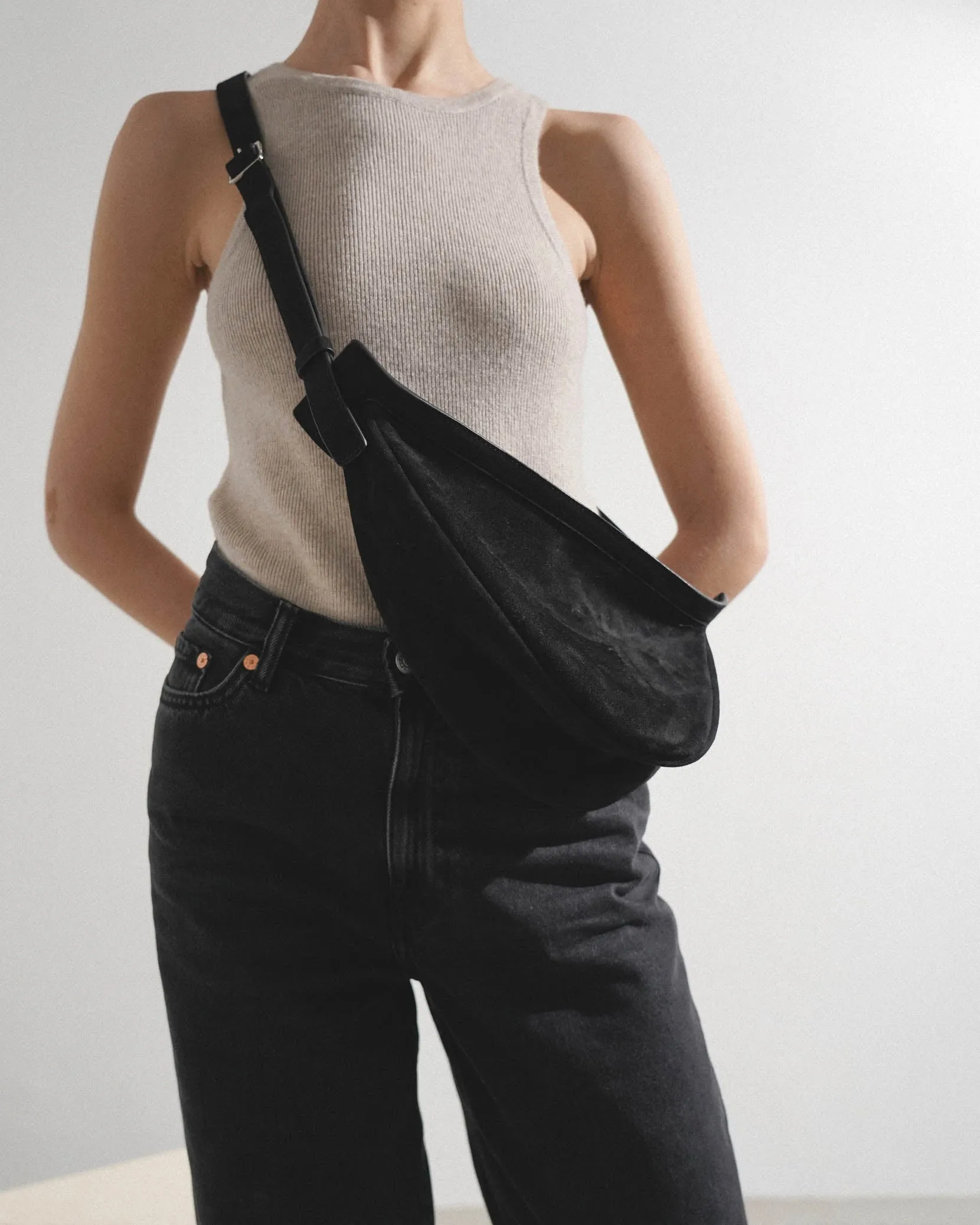 Slouchy banana small black suede shoulder bag