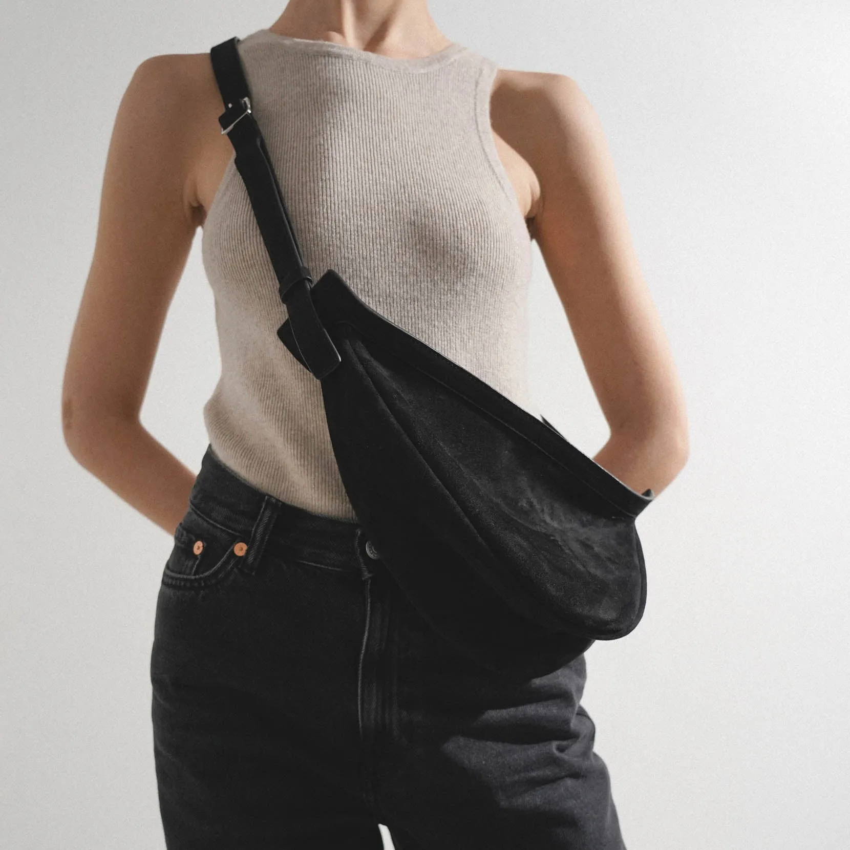 Slouchy banana small black suede shoulder bag