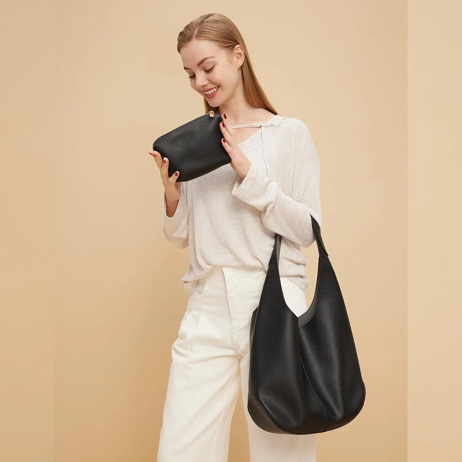 Slouchy Hobo Bags for Women Tote Bag Soft Vegan Leather Shoulder Purses 2 Pcs