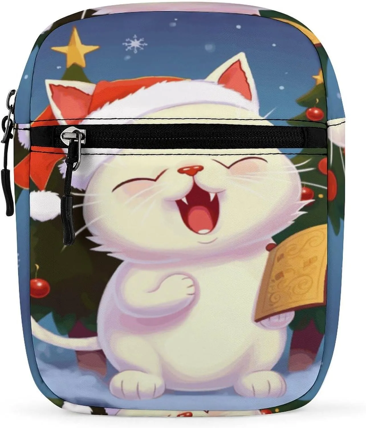 Small Satchel,Cute Cat Sing Christmas Carols Oxford Cloth Messenger Bag,mini Shoulder Bag,crossbody Bags with Adjustable Strap for Men Women