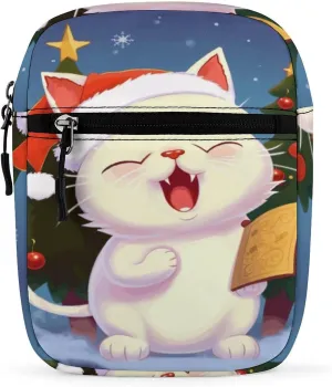 Small Satchel,Cute Cat Sing Christmas Carols Oxford Cloth Messenger Bag,mini Shoulder Bag,crossbody Bags with Adjustable Strap for Men Women