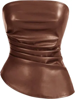 SOLY HUX Women's PU Leather Tube Top Strapless Ruched Asymmetrical Bandeau Tops Rave Concert Outfit
