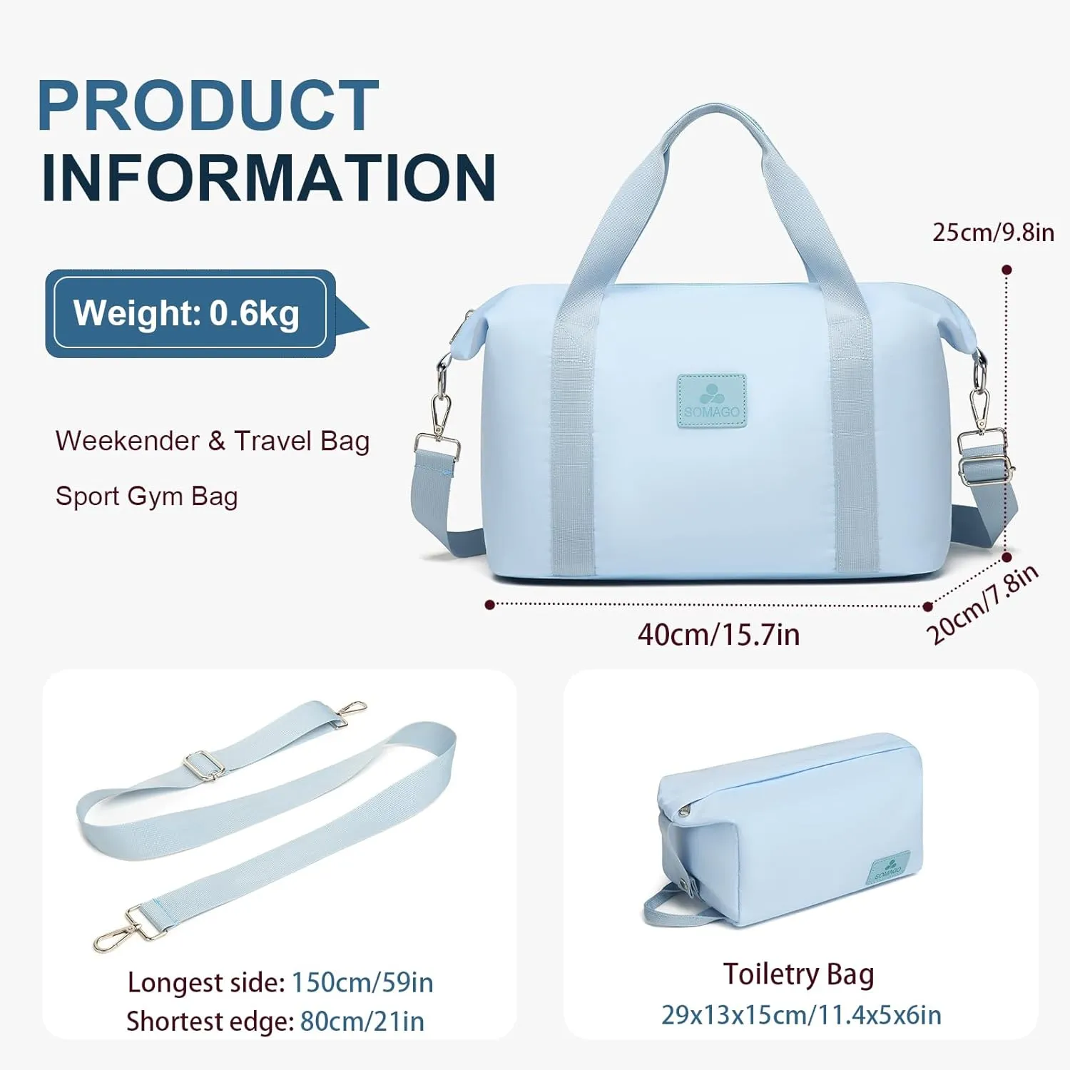 Somago Travel Duffel Bag Weekend Bag Carry On Tote Water Resistant Travel Essentials Sport Gym Bag for Men & Women Overnight Bag Luggage Bag with Trolley Sleeve for Hospital Business Trip(Light Blue)