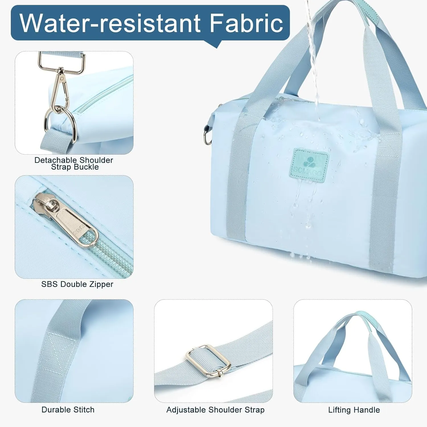 Somago Travel Duffel Bag Weekend Bag Carry On Tote Water Resistant Travel Essentials Sport Gym Bag for Men & Women Overnight Bag Luggage Bag with Trolley Sleeve for Hospital Business Trip(Light Blue)