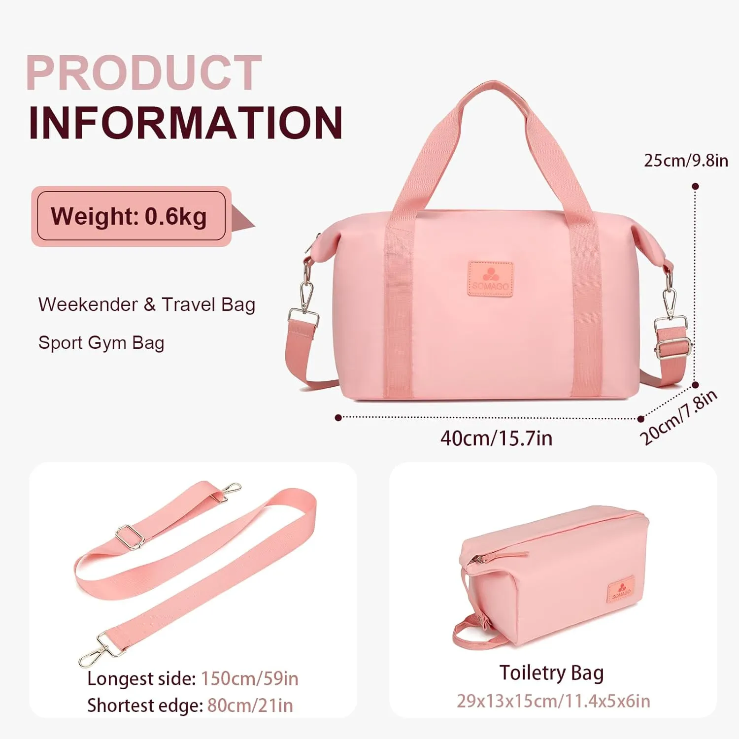 Somago Travel Duffel Bag Weekend Bag Carry On Tote Water Resistant Travel Essentials Sport Gym Bag for Men & Women Overnight Bag Luggage Bag with Trolley Sleeve for Hospital Business Trip（Rose Gold）