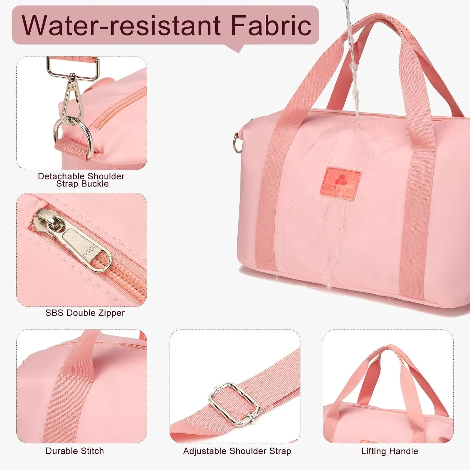 Somago Travel Duffel Bag Weekend Bag Carry On Tote Water Resistant Travel Essentials Sport Gym Bag for Men & Women Overnight Bag Luggage Bag with Trolley Sleeve for Hospital Business Trip（Rose Gold）