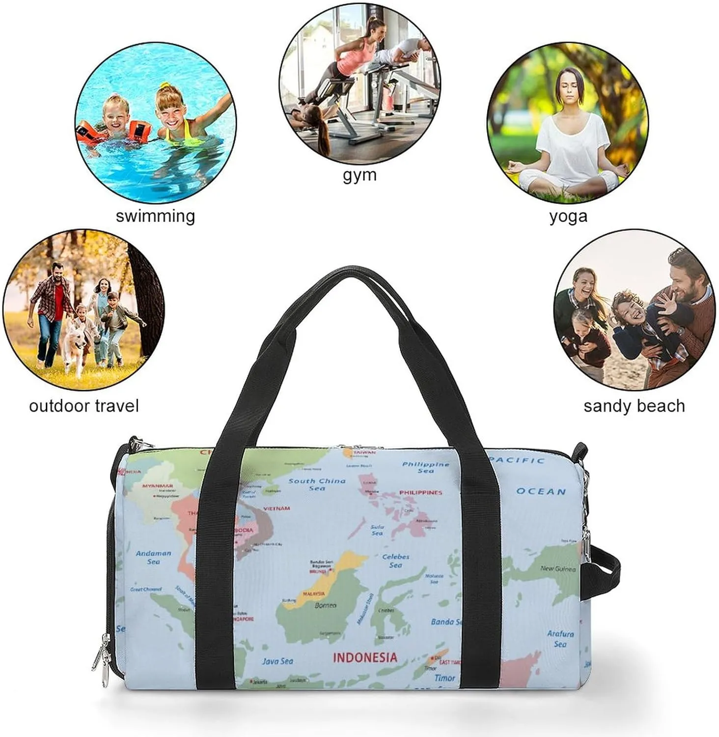 Southeast Asia Map Sports Tote Gym Bag for Women Men, Overnight Bag with Shoe Compartment Water Resistant