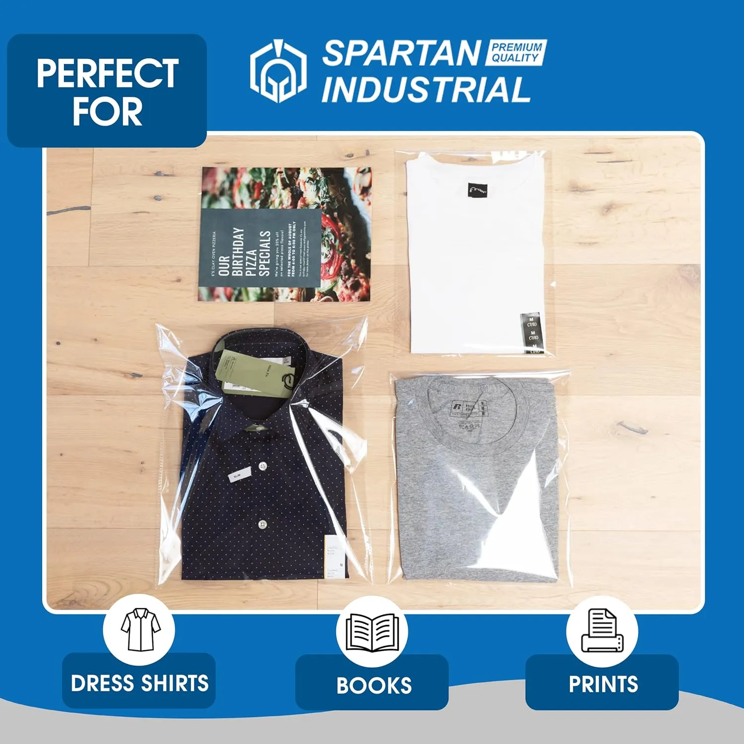Spartan Industrial - Crystal Clear Resealable Polypropylene Poly Bags for Packaging, Clothing & T Shirts - Self Seal & Reinforced (10" X 13")