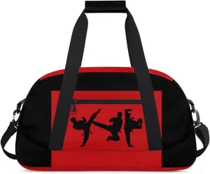 Sports Duffel Bag for Boys Martial Art Silhouette Black Red, Sports Gym Tote Workout Bag Named Rank Travel Overnight Training Bag