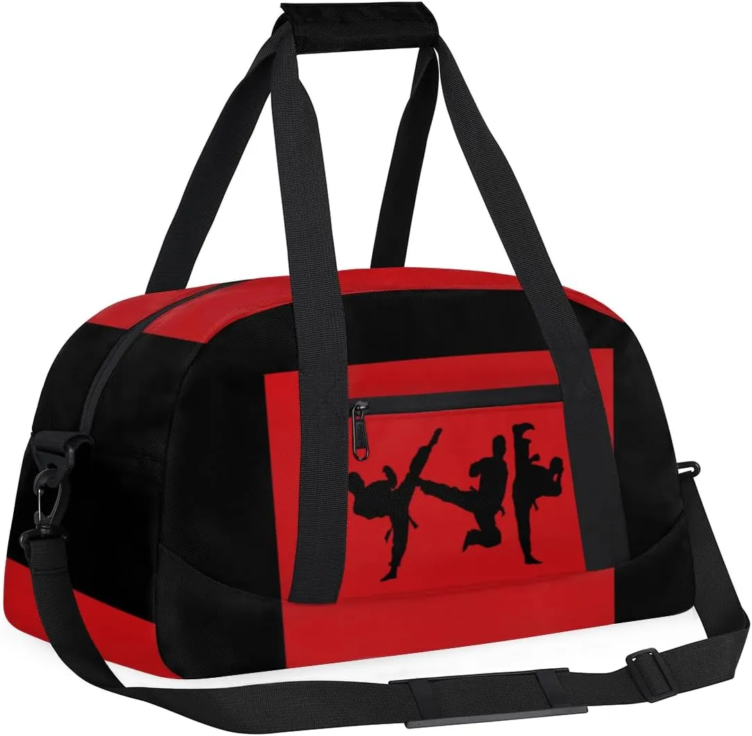 Sports Duffel Bag for Boys Martial Art Silhouette Black Red, Sports Gym Tote Workout Bag Named Rank Travel Overnight Training Bag