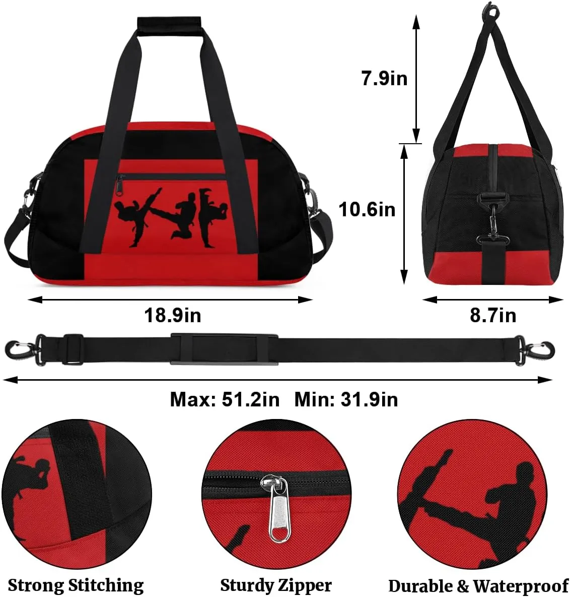 Sports Duffel Bag for Boys Martial Art Silhouette Black Red, Sports Gym Tote Workout Bag Named Rank Travel Overnight Training Bag