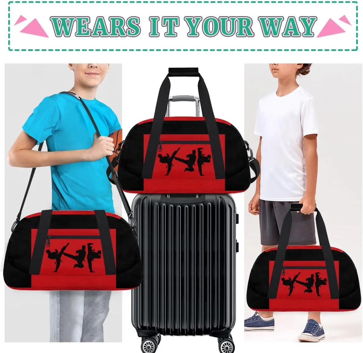 Sports Duffel Bag for Boys Martial Art Silhouette Black Red, Sports Gym Tote Workout Bag Named Rank Travel Overnight Training Bag