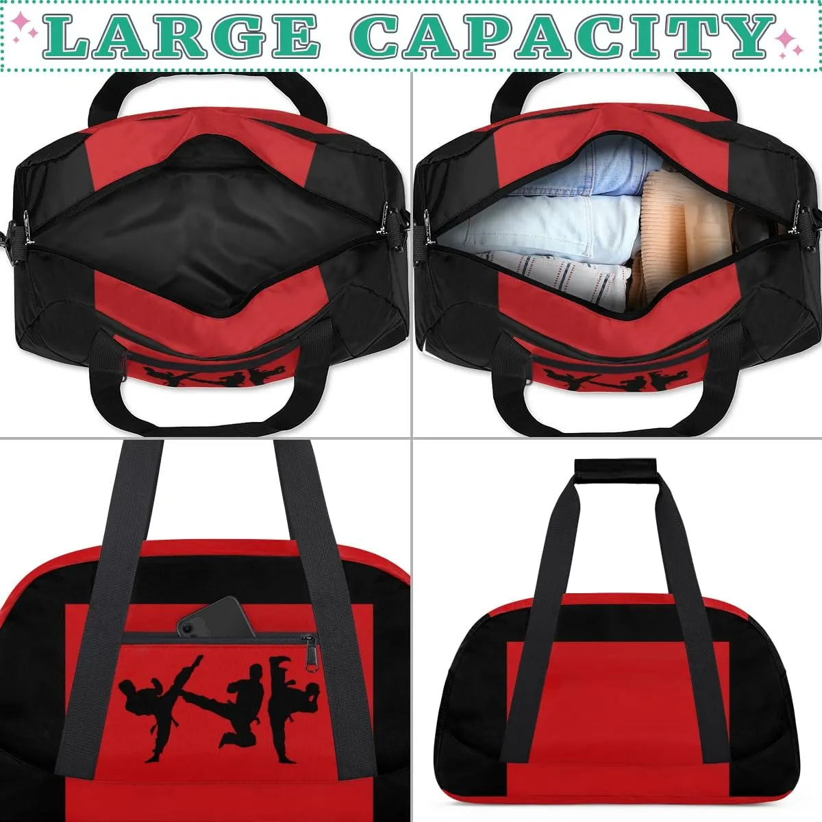 Sports Duffel Bag for Boys Martial Art Silhouette Black Red, Sports Gym Tote Workout Bag Named Rank Travel Overnight Training Bag