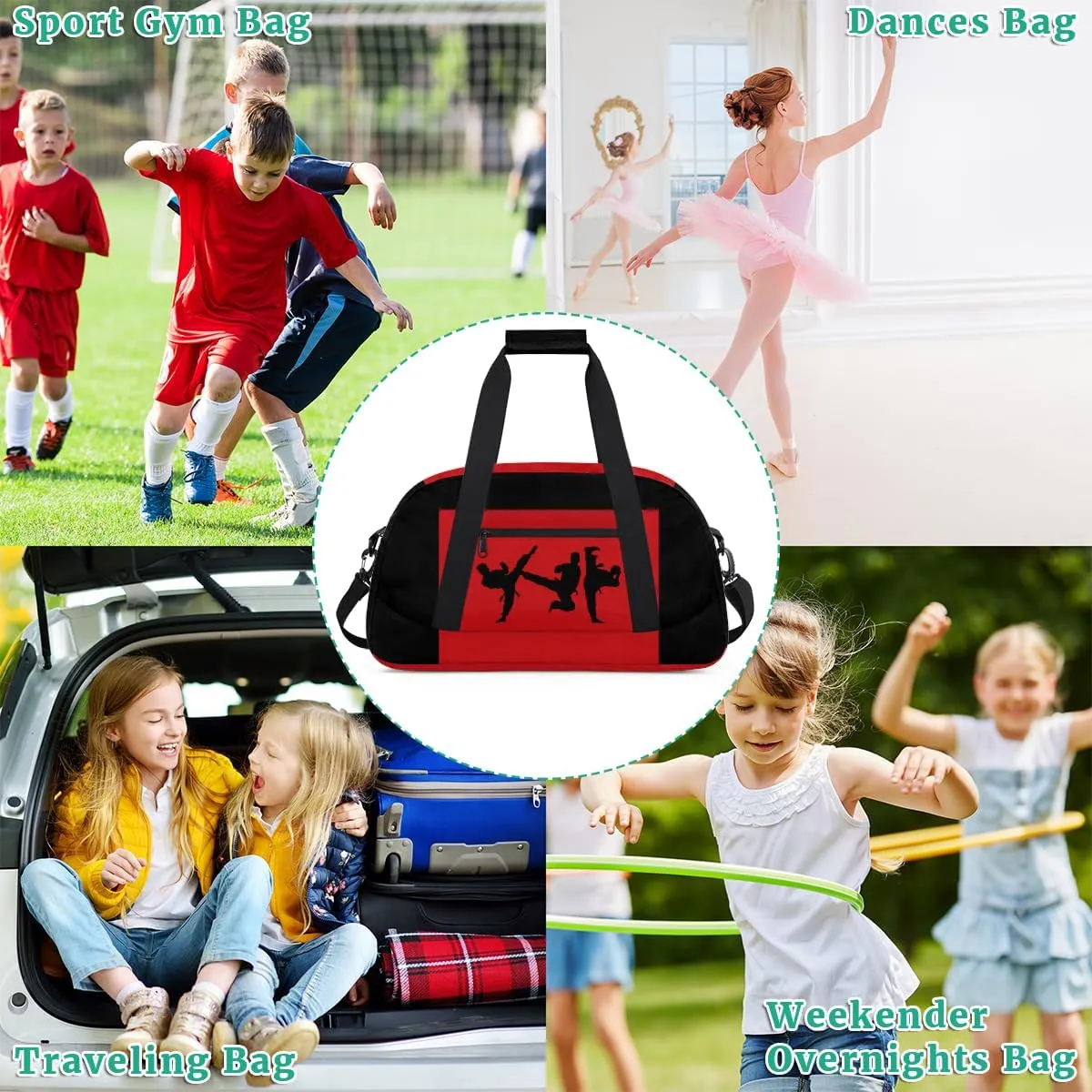 Sports Duffel Bag for Boys Martial Art Silhouette Black Red, Sports Gym Tote Workout Bag Named Rank Travel Overnight Training Bag