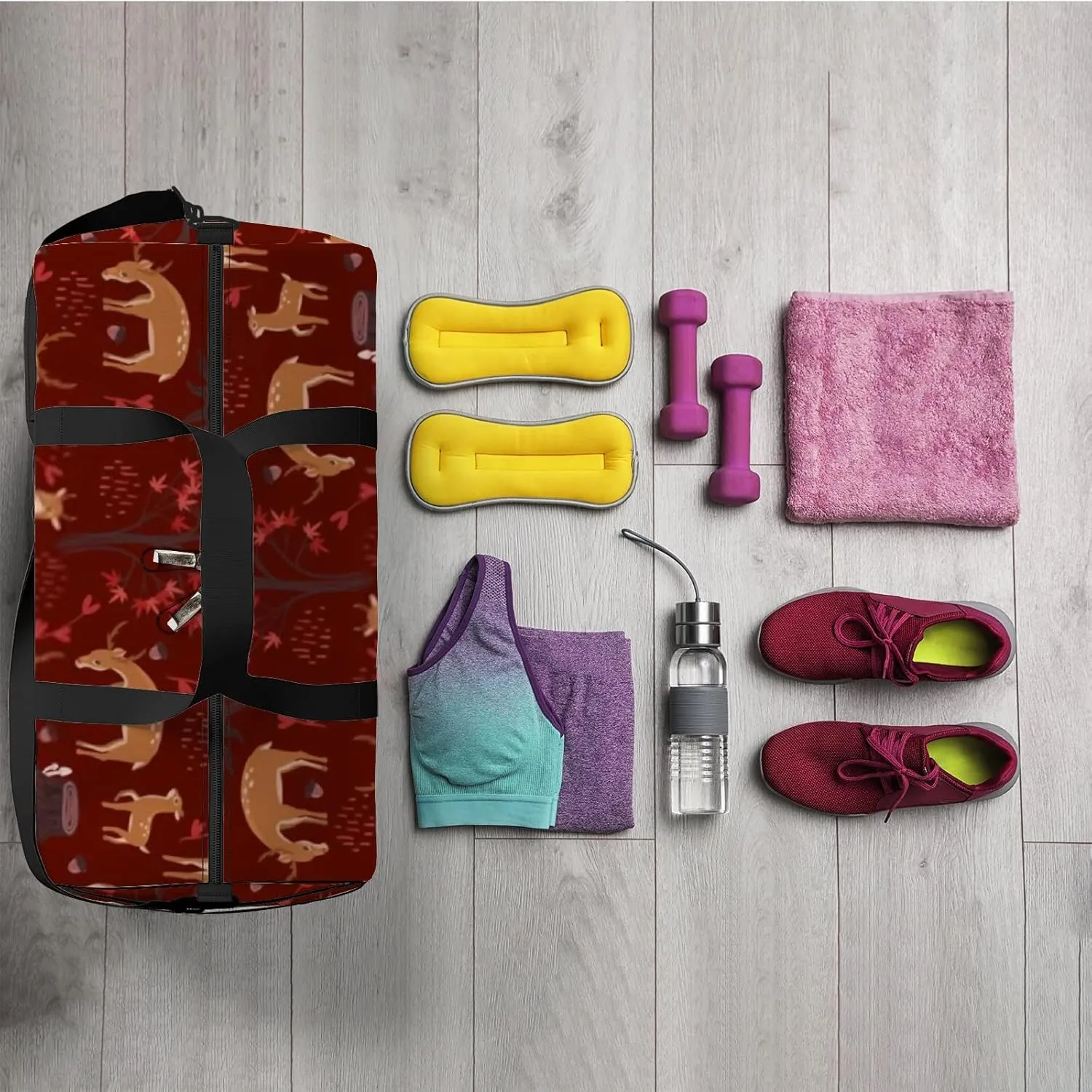 Sports Gym Bag for Women and Men Waterproof Cartoon Cute Deers Forest Red Duffel Bag Lightweight Carryon Traveling Boarding Gripsack