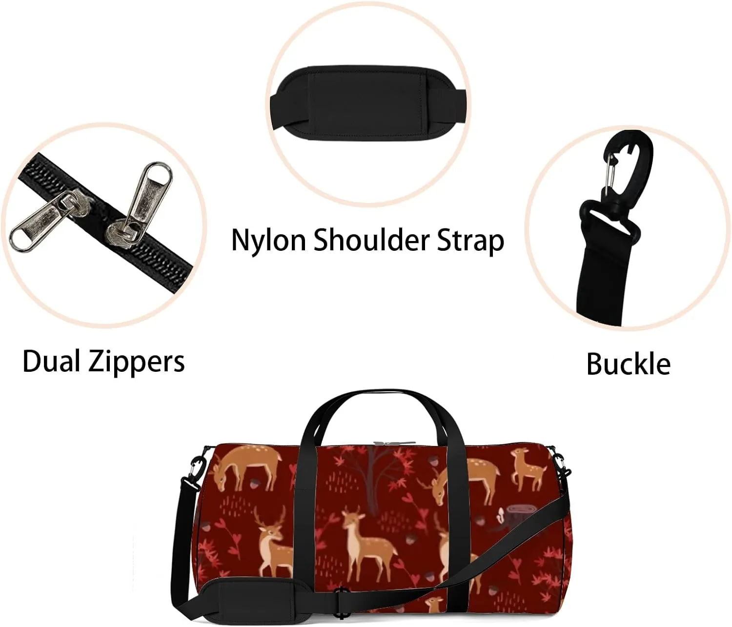 Sports Gym Bag for Women and Men Waterproof Cartoon Cute Deers Forest Red Duffel Bag Lightweight Carryon Traveling Boarding Gripsack