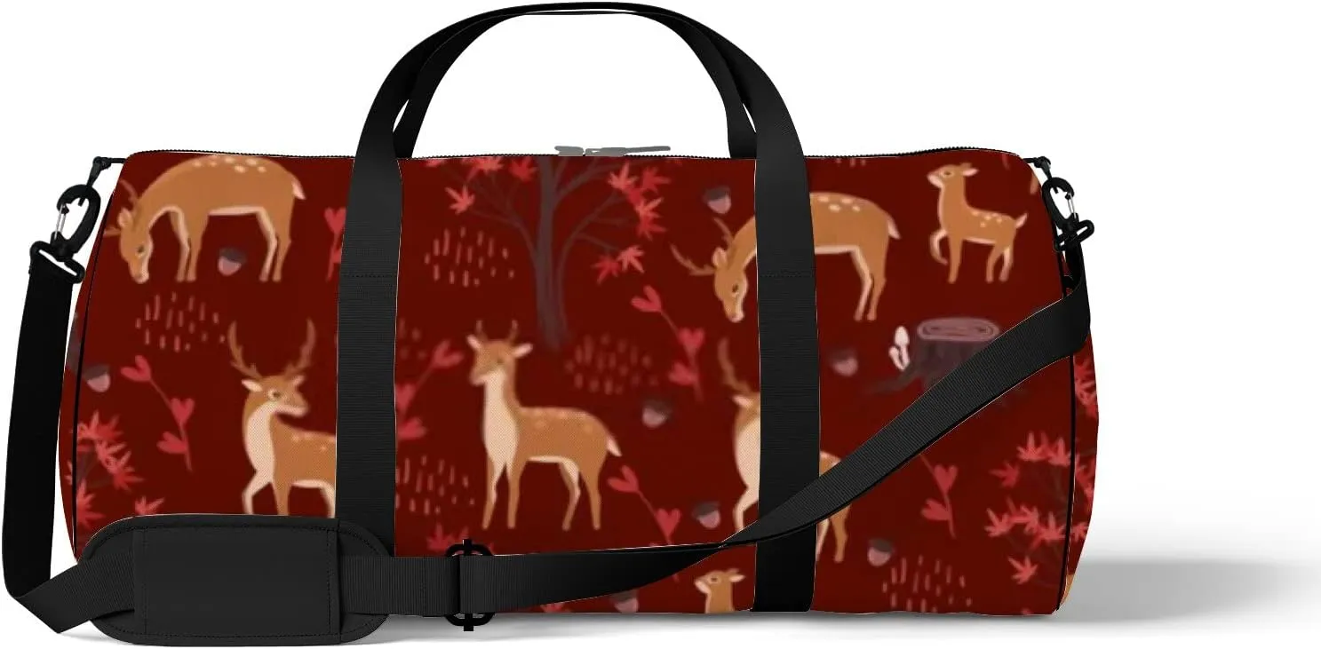 Sports Gym Bag for Women and Men Waterproof Cartoon Cute Deers Forest Red Duffel Bag Lightweight Carryon Traveling Boarding Gripsack