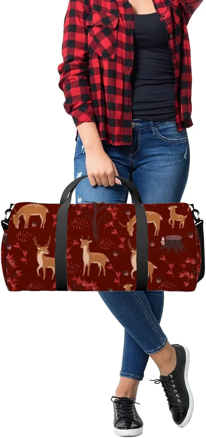 Sports Gym Bag for Women and Men Waterproof Cartoon Cute Deers Forest Red Duffel Bag Lightweight Carryon Traveling Boarding Gripsack