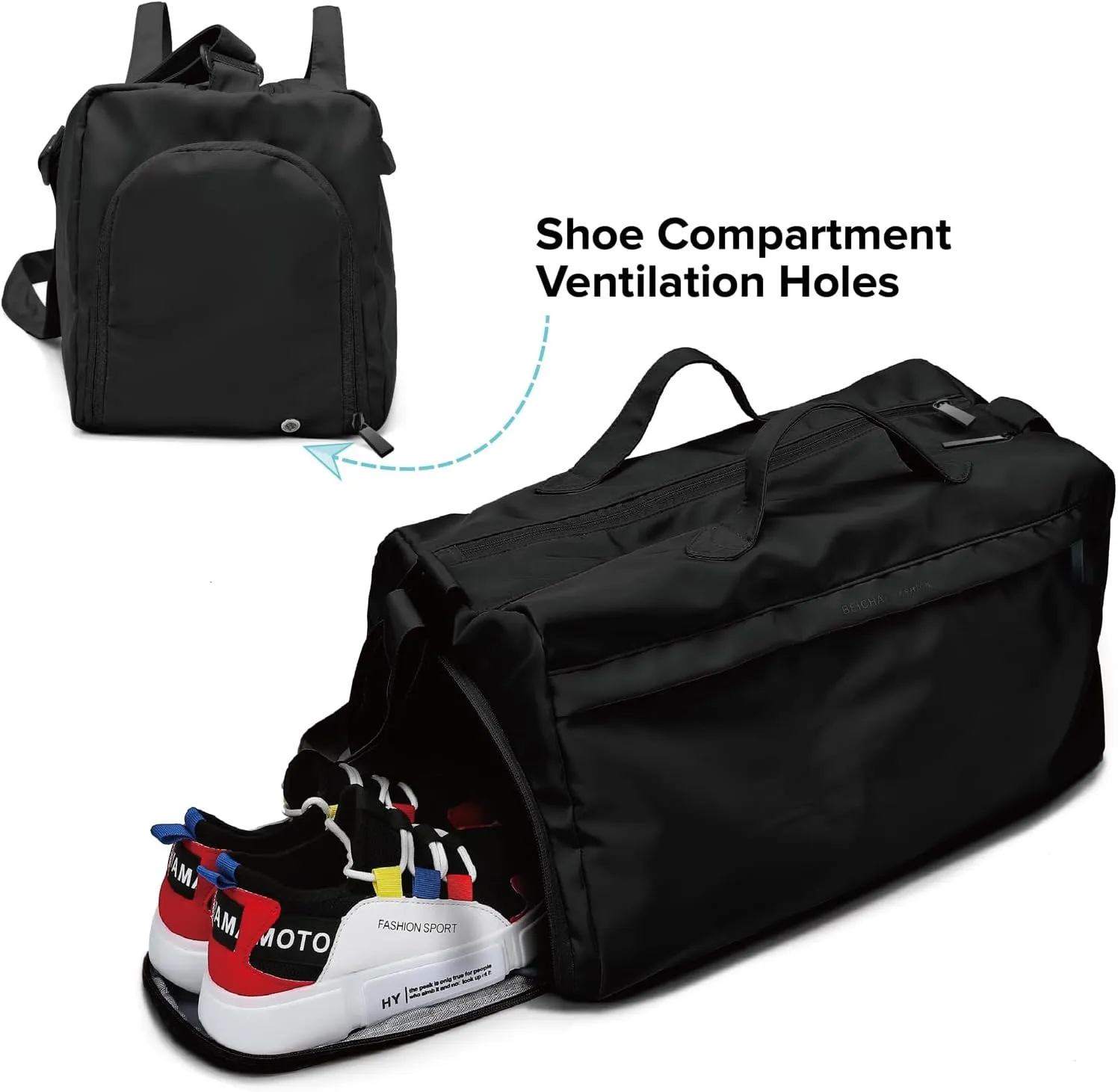 Sports Gym Bag for Women, Travel Workout Duffel Bag Overnight Shoulder Bag with Shoes Compartment and Wet Pocket Lightweight Weekend Bag Waterproof Black