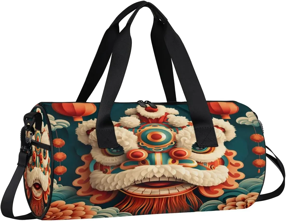 Spring Festival Lion Travel Gym Bag Waterproof Sport Dance Bag for Women Men Portable Gymnastics Duffel Bags Canvas Tote Carry on Handbag for Workout Overnight Weekender