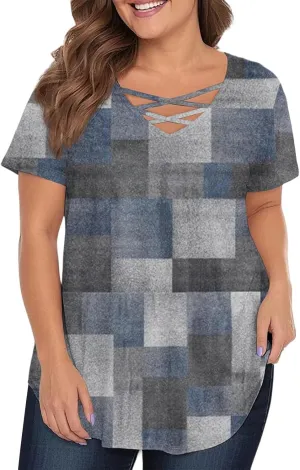 Spring Tops for Women Casual Loose Short Sleeve V-Neck Floral Printed T Shirt Tops Plus Size Shirts, L-4XL
