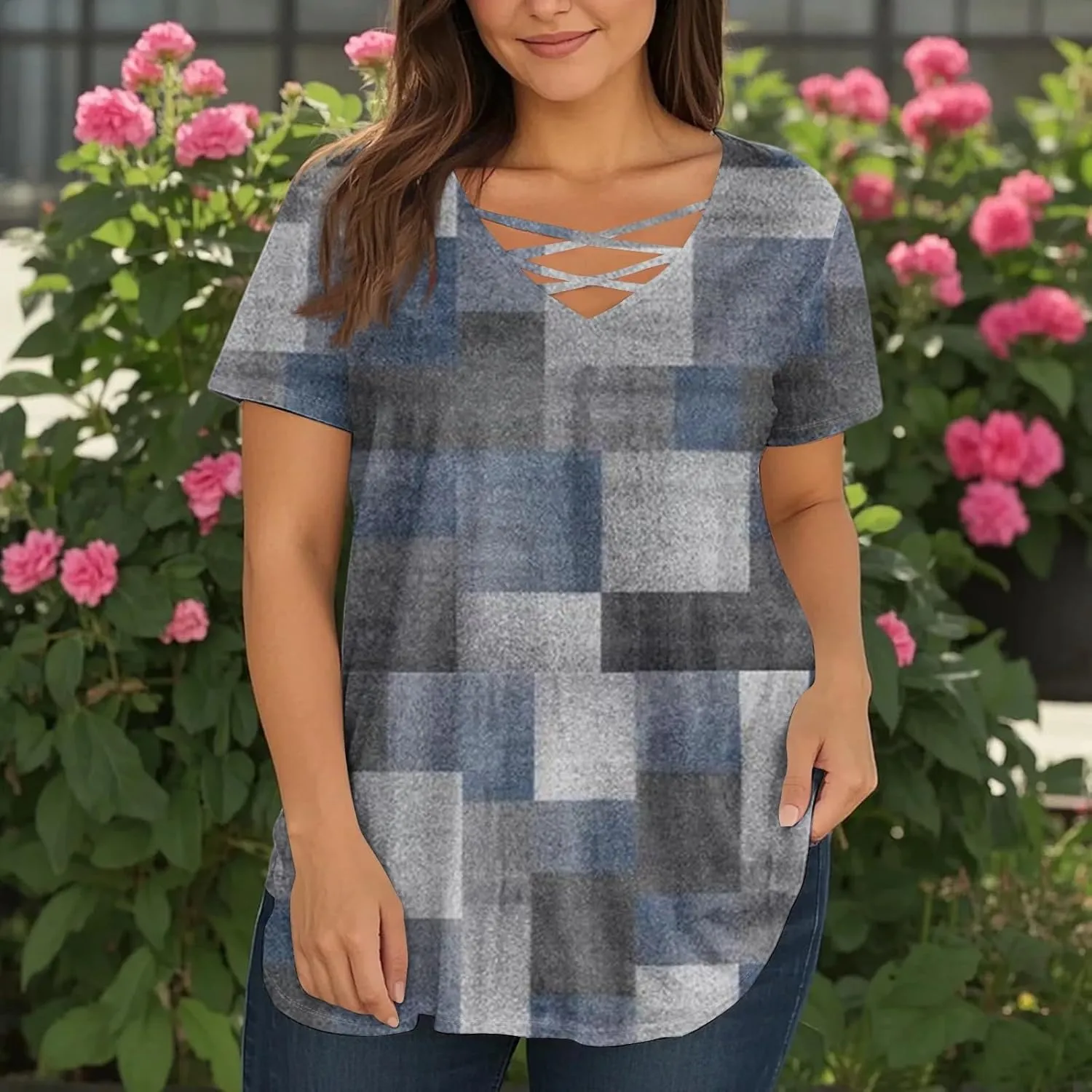 Spring Tops for Women Casual Loose Short Sleeve V-Neck Floral Printed T Shirt Tops Plus Size Shirts, L-4XL