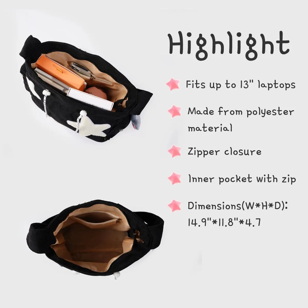 Star Tote Hobo Bag Women Handbag Large Capacity Tote Shoulder Bag Casual Crossbody Bag Gift for Women (Black)
