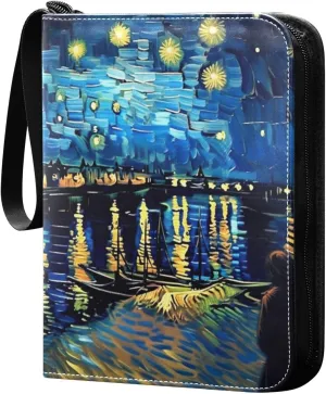 Starry Night Painting Card Binder 4-Pockets, 400 Pockets Card Holder with 50 Removable Sleeves, Trading Card Collector Zipper Album Holder, Collector Album