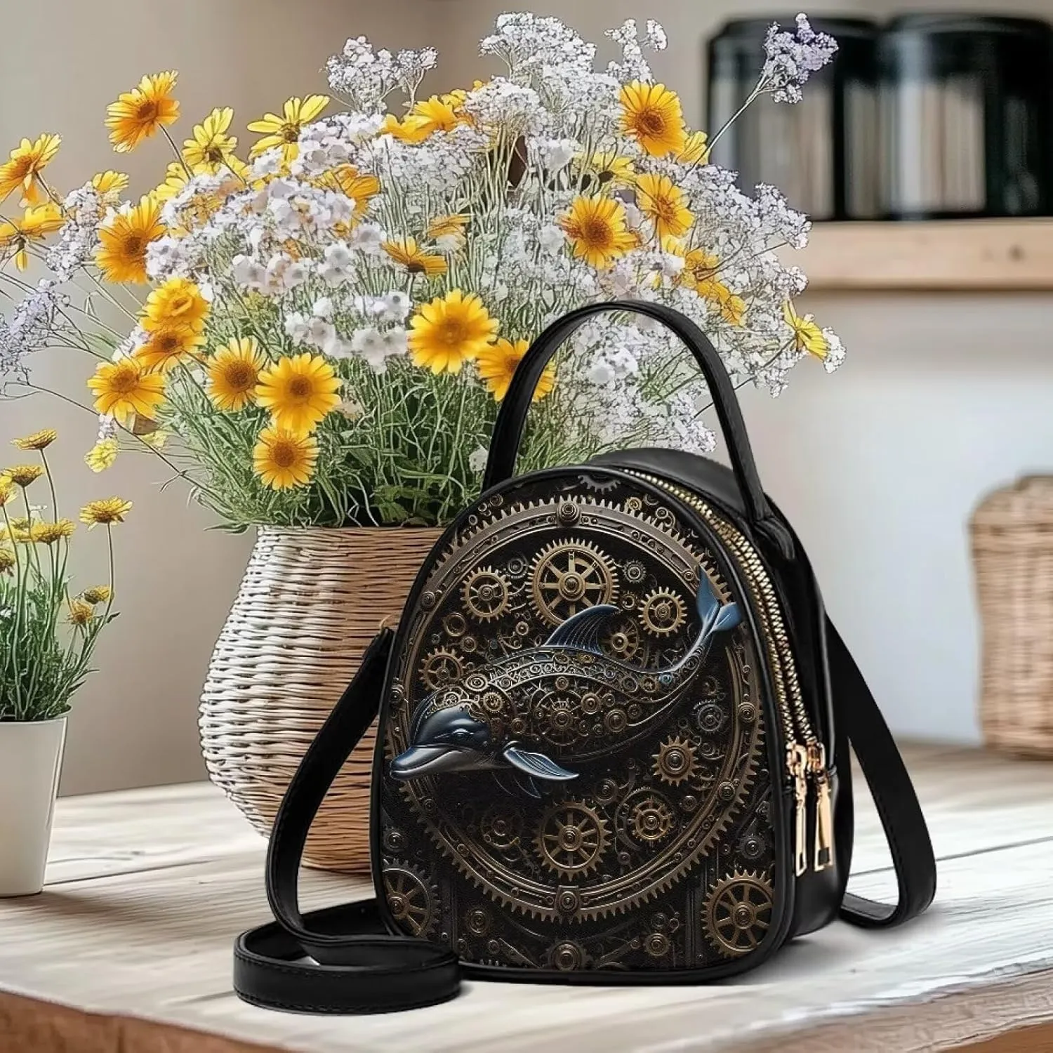 Steampunk Small Crossbody Bag PU Leather Phone Pouch Purse for Women, Top-Handle Shoulder Bags, 6.5x3.15x7.5inch