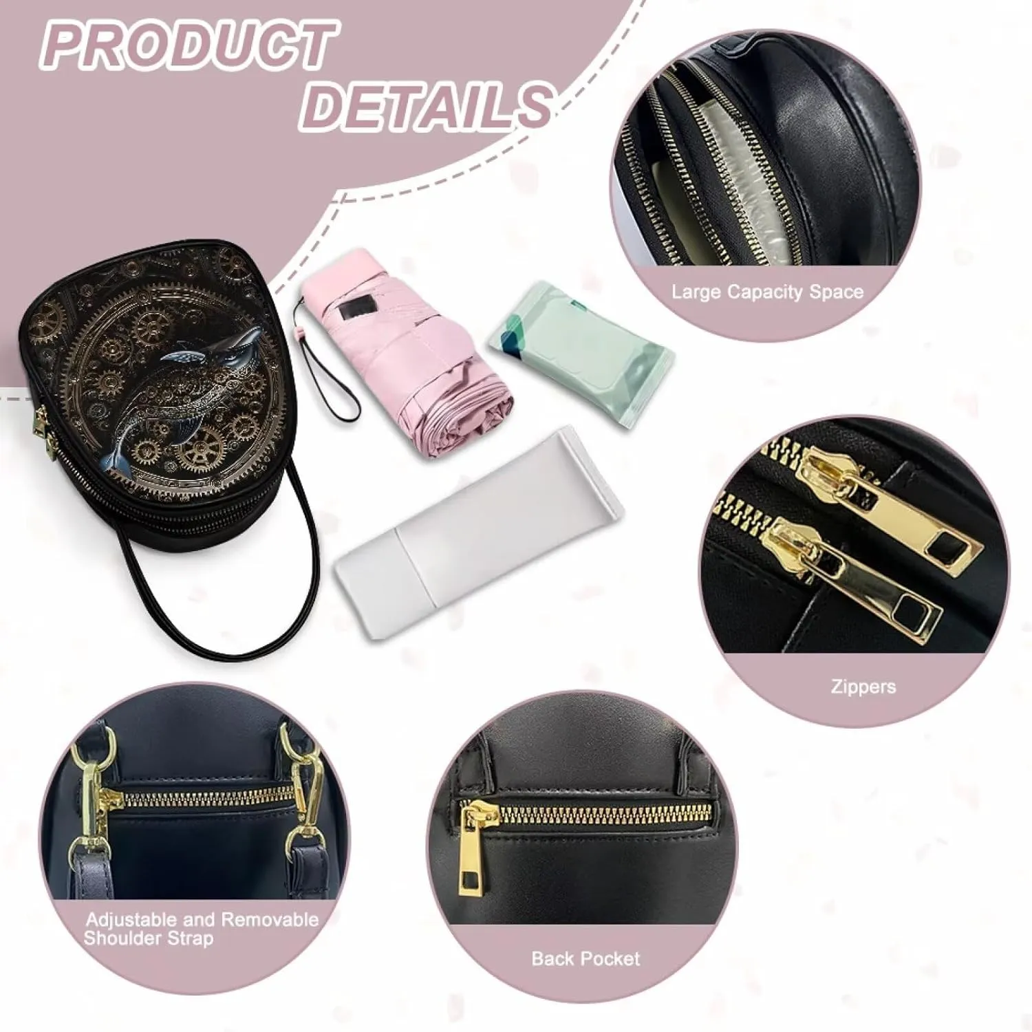 Steampunk Small Crossbody Bag PU Leather Phone Pouch Purse for Women, Top-Handle Shoulder Bags, 6.5x3.15x7.5inch