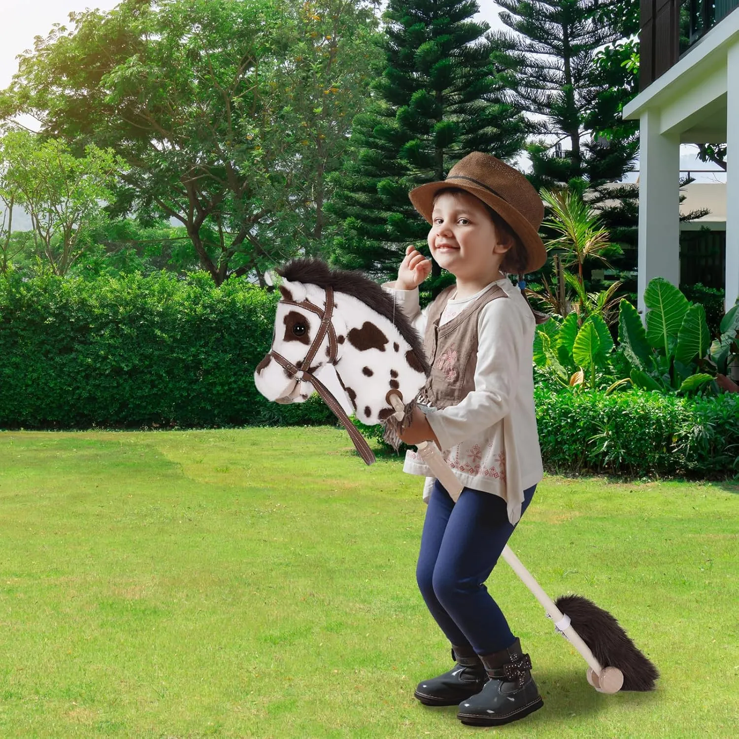 Stick Horse with Realistic Sound Effects, Hobby Horse, Wooden Pole, Handle, and Wheels, 38 Inch Tall Horse Toys Gift for Kids Toddlers 3 and Up, Black (AA Batteries Required)