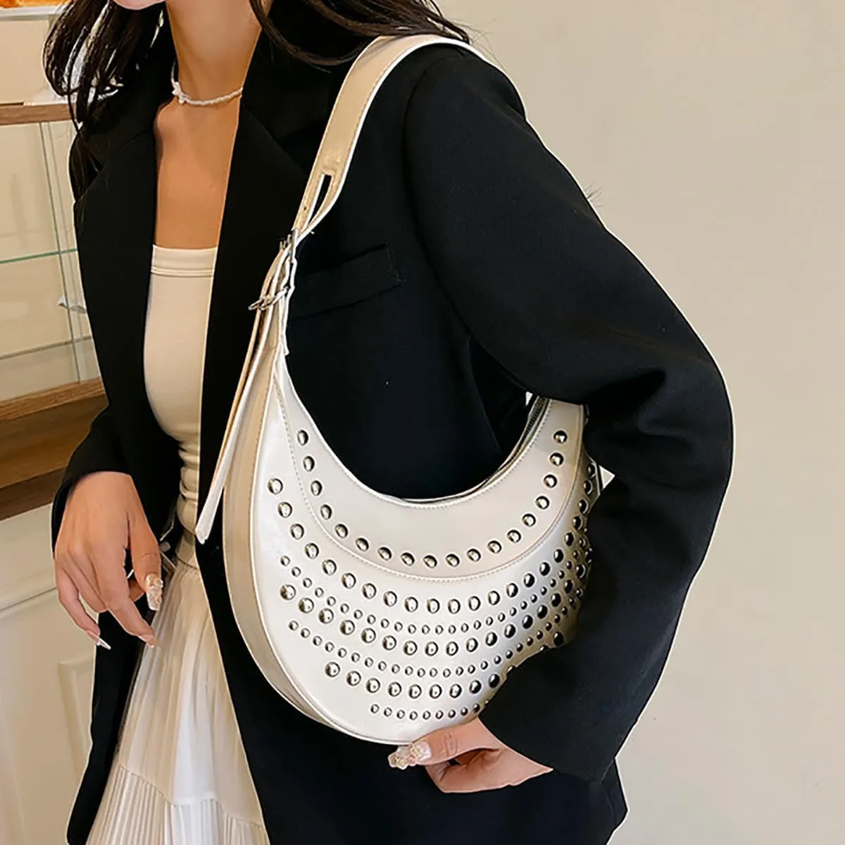 Studded Hobo Purse for Women Y2k Crescent Tote Bag Trendy Vegan Leather Shoulder Handbag 2025