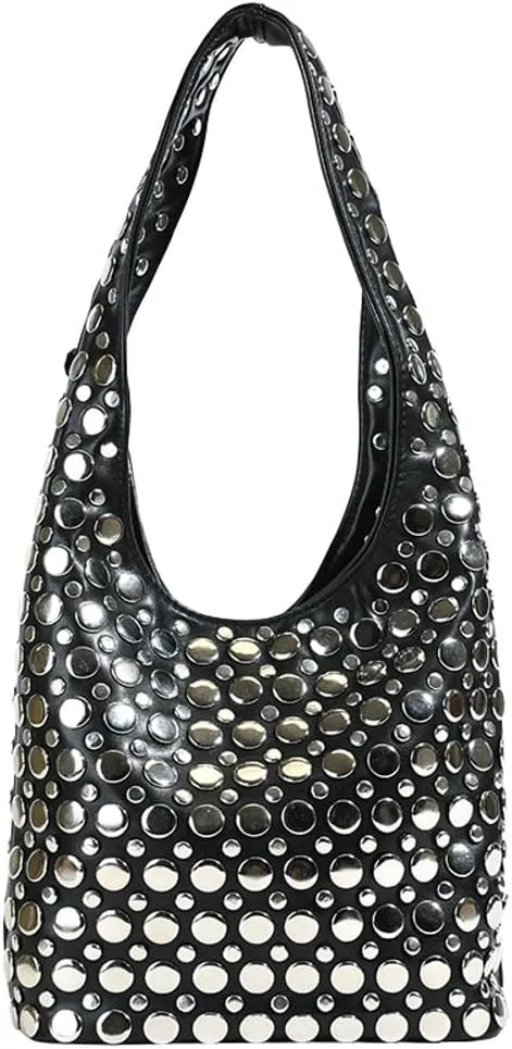 Studded Shoulder Bag Women PU Leather Y2k 90s Punk Tote Bags Streetwear Underarm Purse Top-handle Hobo Shoulder Handbag