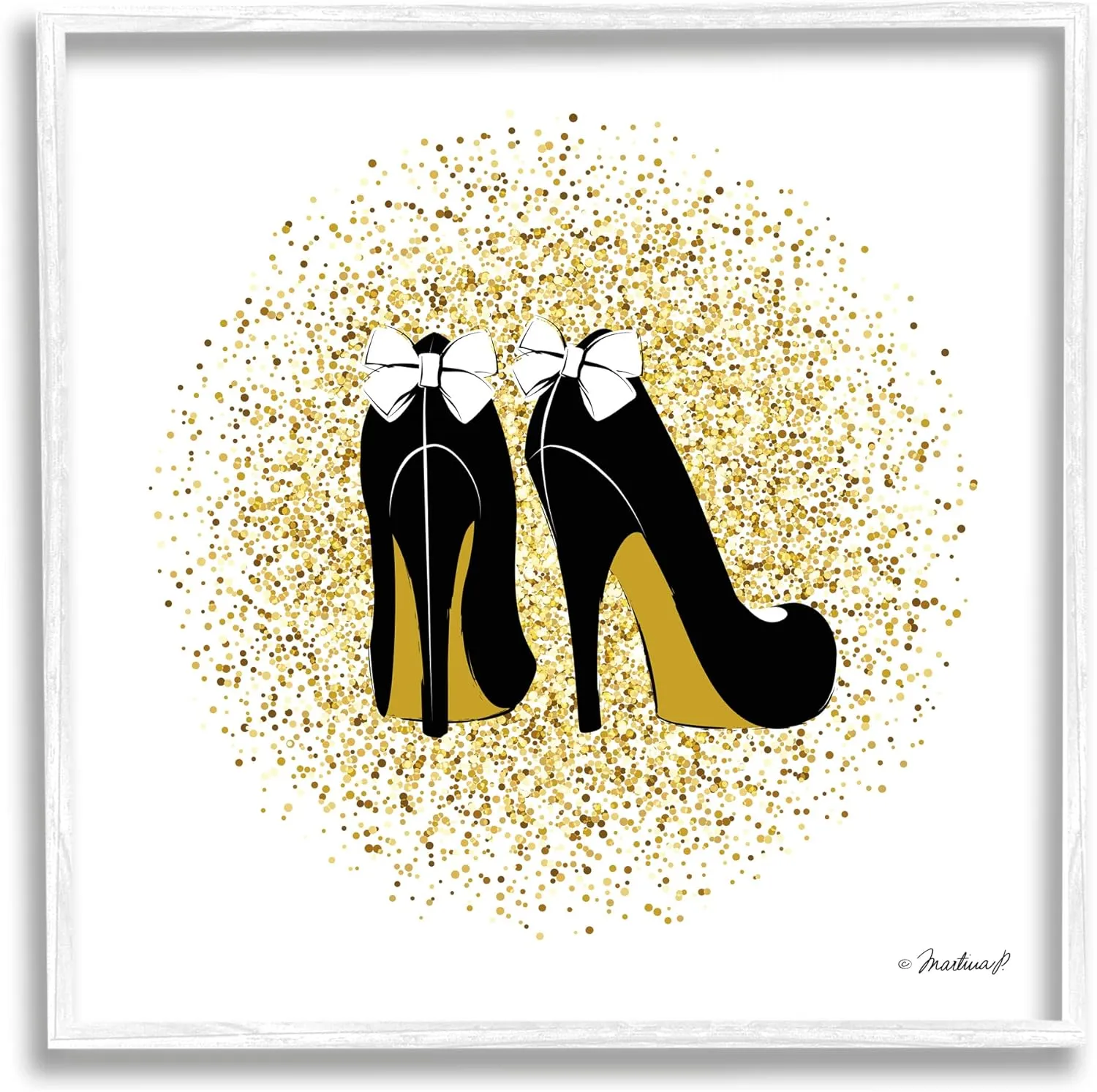 Stupell Industries Gold Glitz Fashion Bow High Heels Abstract Splatter White Framed Wall Art, 17 x 17, Yellow