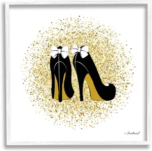 Stupell Industries Gold Glitz Fashion Bow High Heels Abstract Splatter White Framed Wall Art, 17 x 17, Yellow
