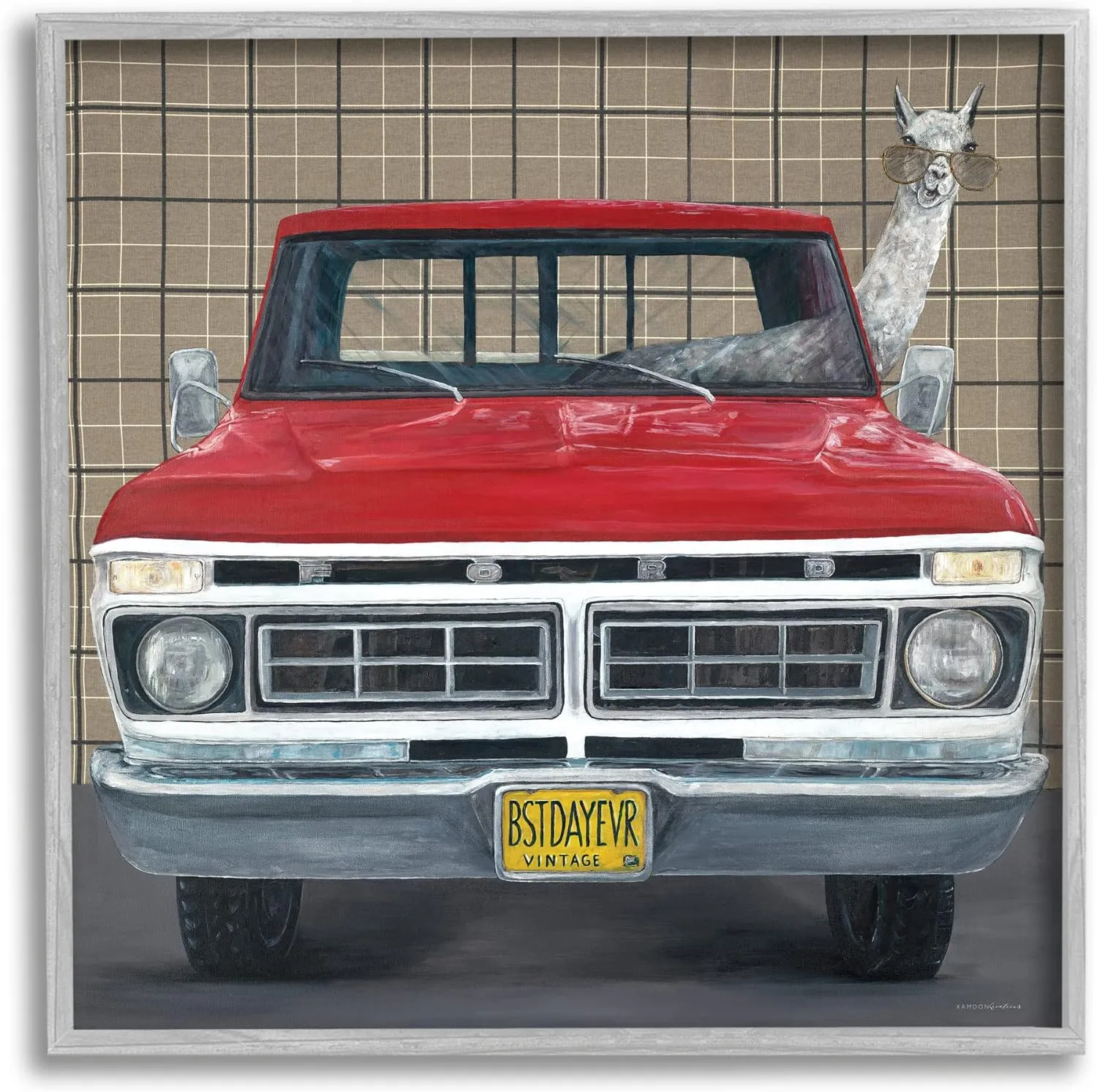 Stupell Industries Llama Aviator Sunglasses Red Truck Best Day Ever, Designed by Kamdon Kreations Gray Framed Wall Art, 12 x 12, Tan
