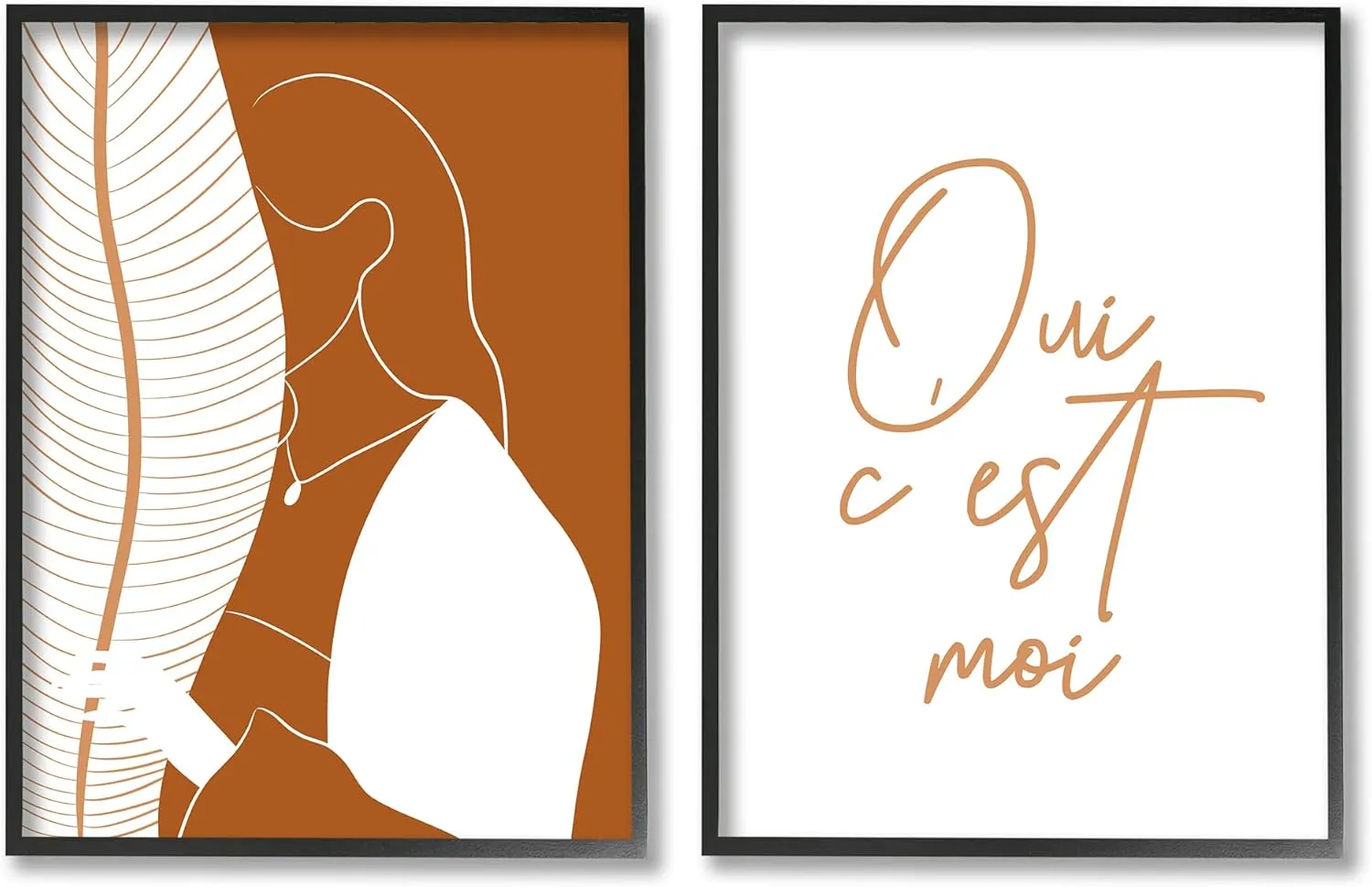 Stupell Industries Oui C'est Moi French Phrase Woman Behind Palms, Designed by Birch&Ink Black Framed Wall Art, 2pc, each 11 x 14, Orange
