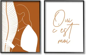 Stupell Industries Oui C'est Moi French Phrase Woman Behind Palms, Designed by Birch&Ink Black Framed Wall Art, 2pc, each 11 x 14, Orange