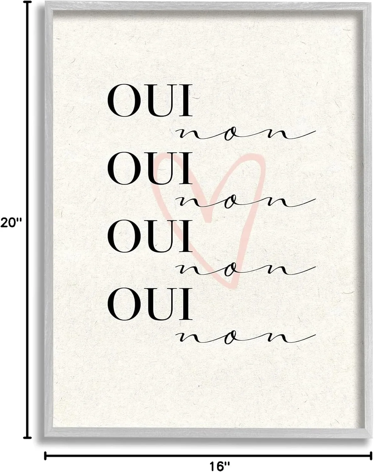Stupell Industries Oui Non French Phrase Pink Heart Parisian Typography, Design by Daphne Polselli Gray Framed Wall Art, 16 x 20, Beige