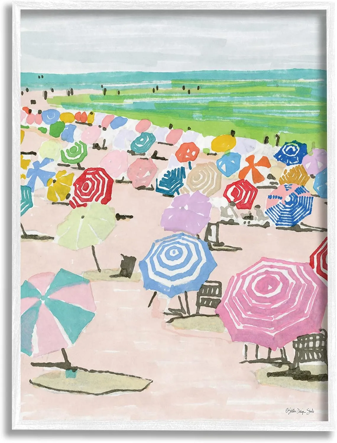 Stupell Industries Pastel Umbrella Filled Beach Watercolor Landscape, Stellar Design Studio White Framed Wall Art, 16 x 20, Multi-Color