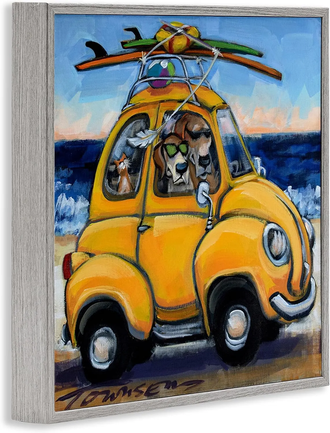 Stupell Industries Pet Beach Buggy Groovy Dog Cat Surf Scene, Design by CR Townsend Gray Framed Wall Art, 17x17, Yellow