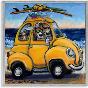 Stupell Industries Pet Beach Buggy Groovy Dog Cat Surf Scene, Design by CR Townsend Gray Framed Wall Art, 17x17, Yellow