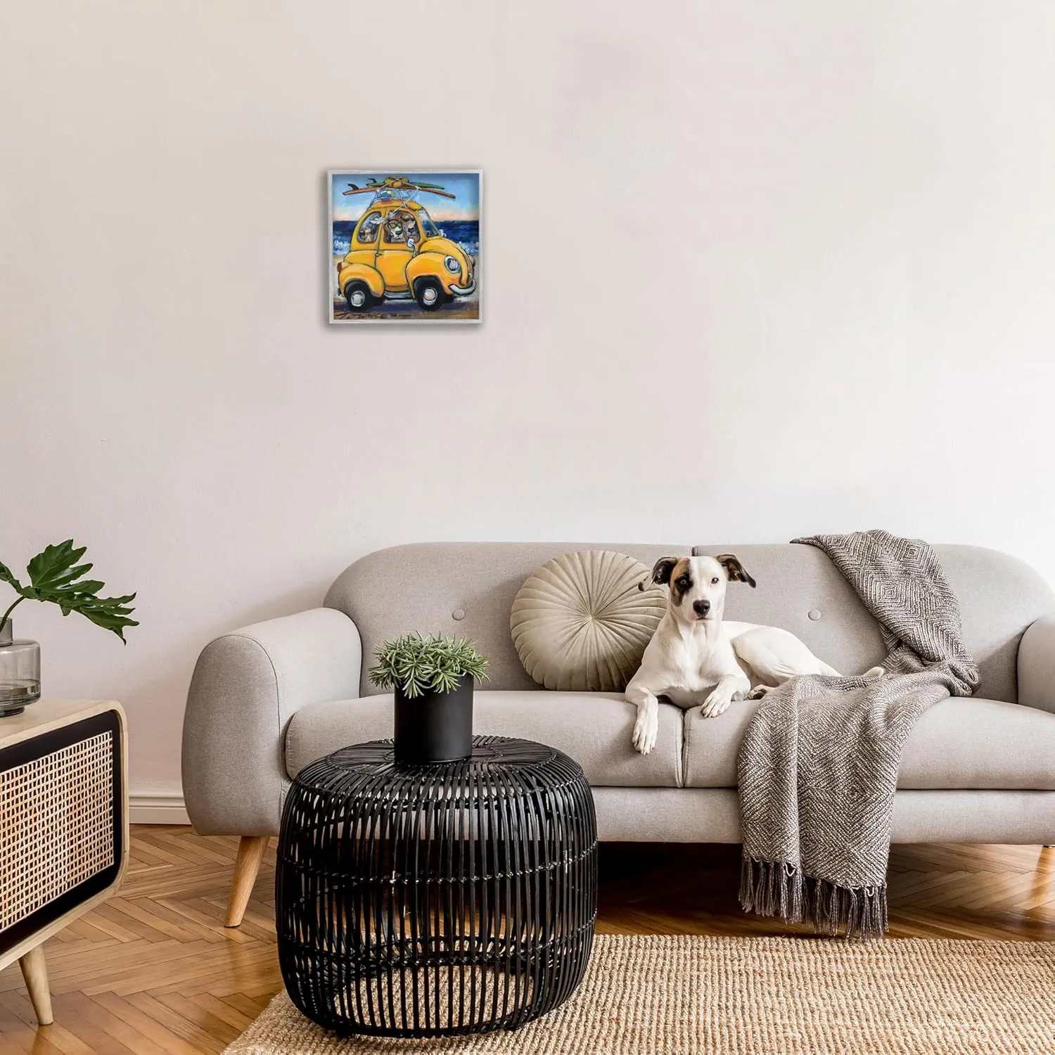 Stupell Industries Pet Beach Buggy Groovy Dog Cat Surf Scene, Design by CR Townsend Gray Framed Wall Art, 17x17, Yellow