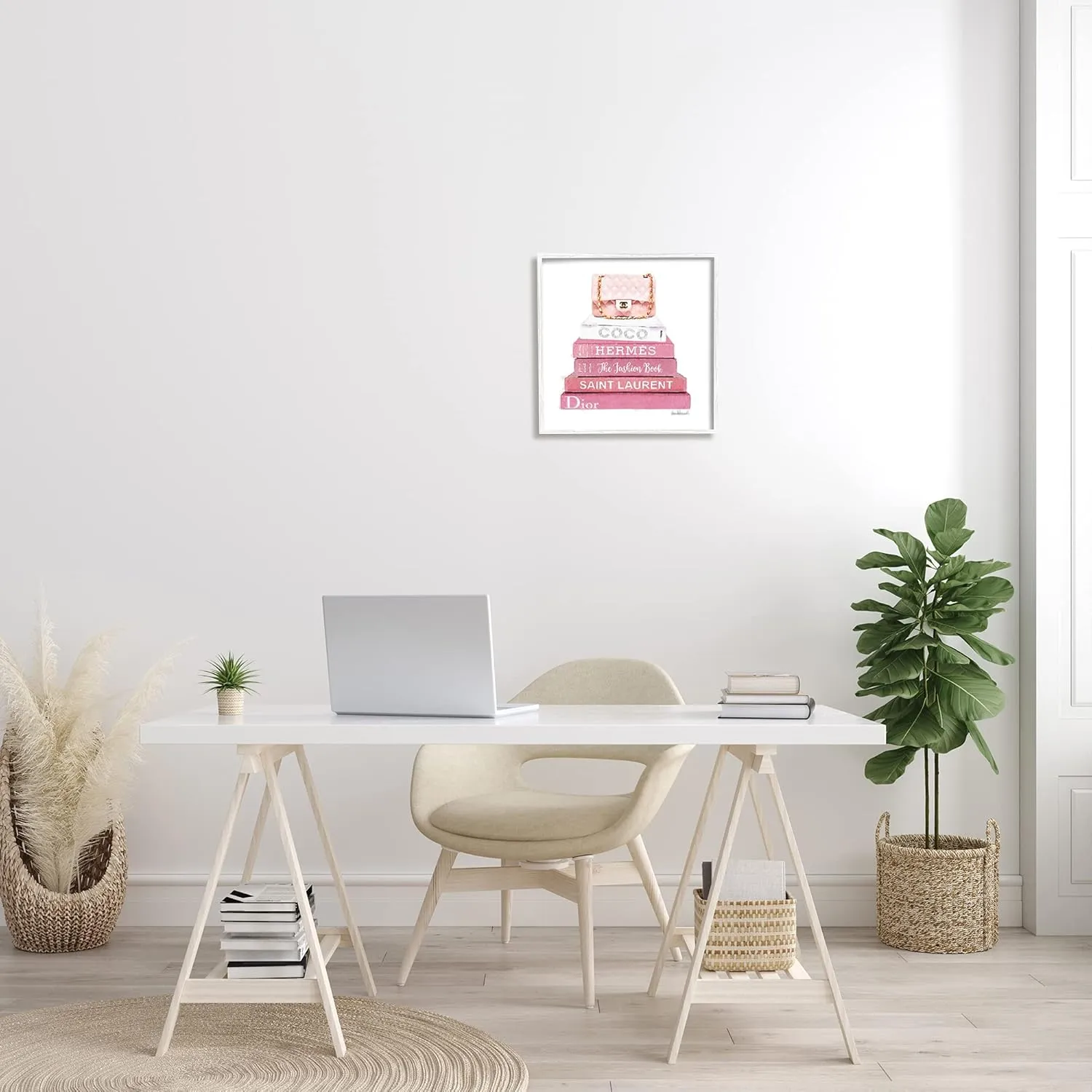 Stupell Industries Pink Book Stack Fashion Handbag Wall Art, 17 x 17, White Framed