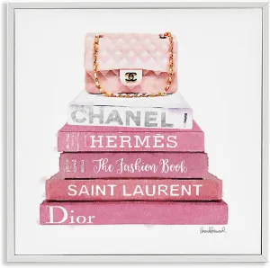 Stupell Industries Pink Book Stack Fashion Handbag Wall Art, 17 x 17, White Framed