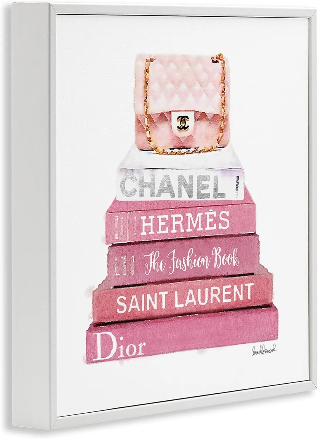 Stupell Industries Pink Book Stack Fashion Handbag Wall Art, 17 x 17, White Framed