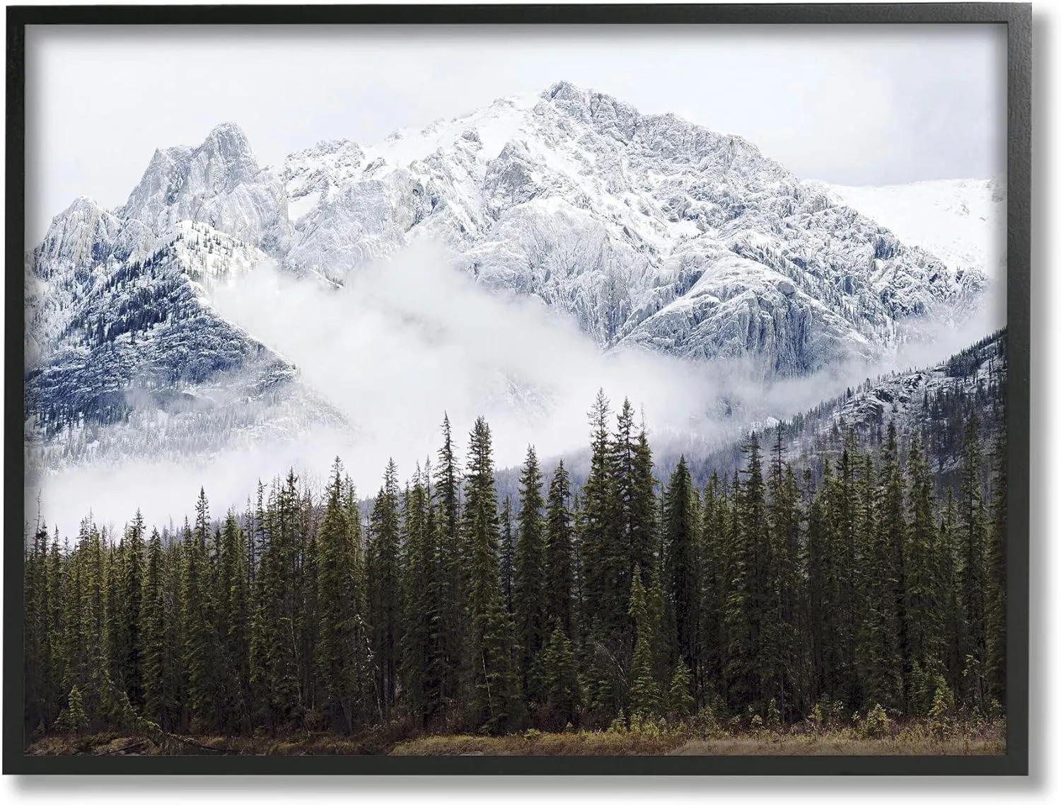 Stupell Industries Snowy Mountain Top Tall Fir Trees Modern Photography Black Framed Wall Art, 14 x 11, Off- White
