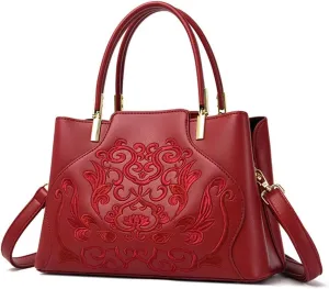 Stylish Embroidery Genuine Leather Satchel Handbag for Women - Top Handle Crossbody Tote Shoulder Bag (Cyan)