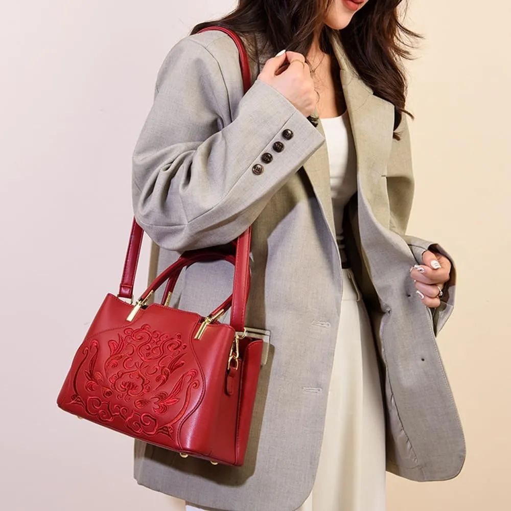 Stylish Embroidery Genuine Leather Satchel Handbag for Women - Top Handle Crossbody Tote Shoulder Bag (Cyan)