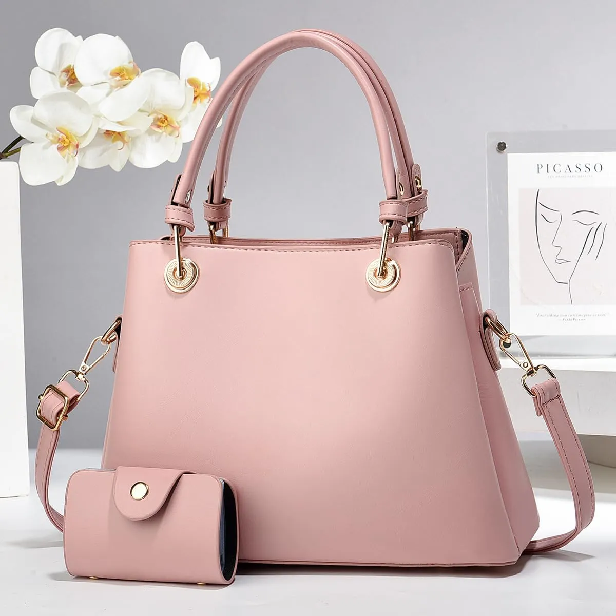 Stylish Solid Color Tote Shoulder Bag Set for Women - Beige Leather Satchel with Top Handle